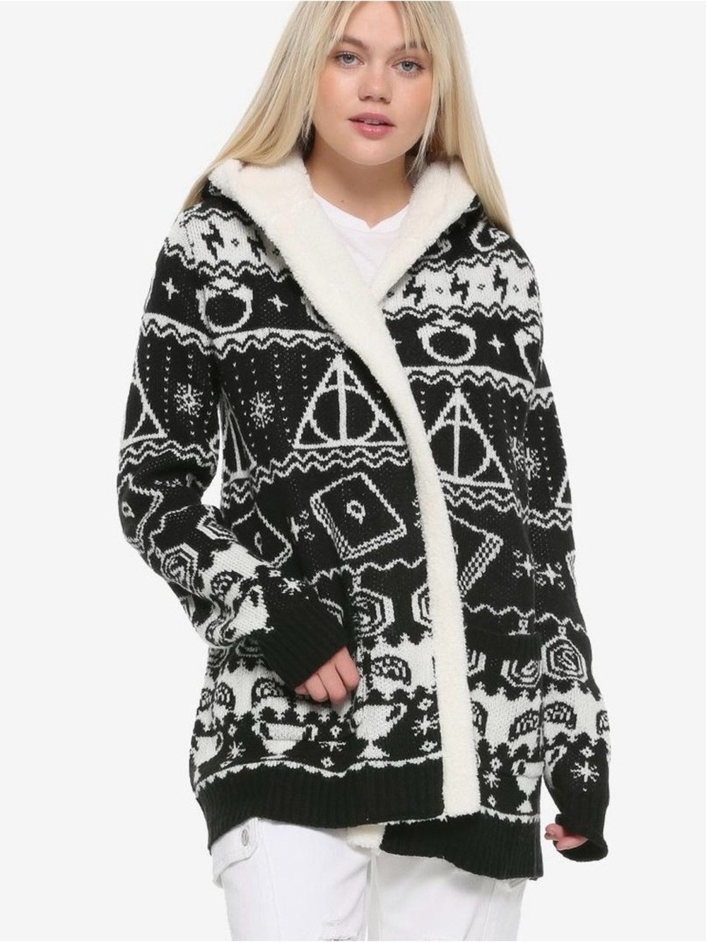 Harry Potter Horcrux Fair Isle Sherpa Open Hooded Cardigan